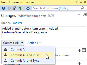 Commit All is selected, and from its drop-down menu, Commit All and Push is selected.